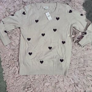 LOFT Ivory Sweater with Dark Heart Patterns